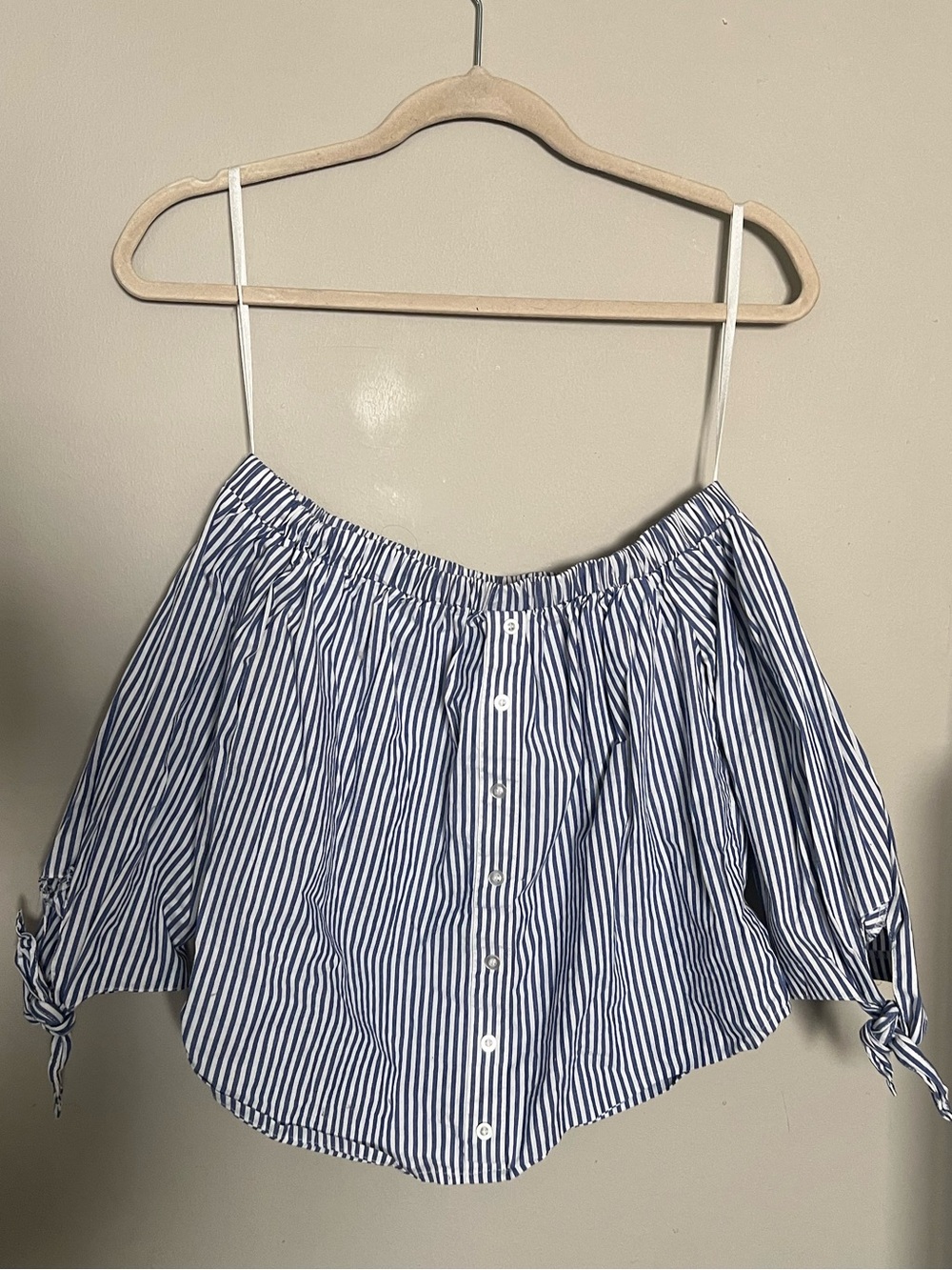 Striped Off-Shoulder Button-Front Top in Blue and White